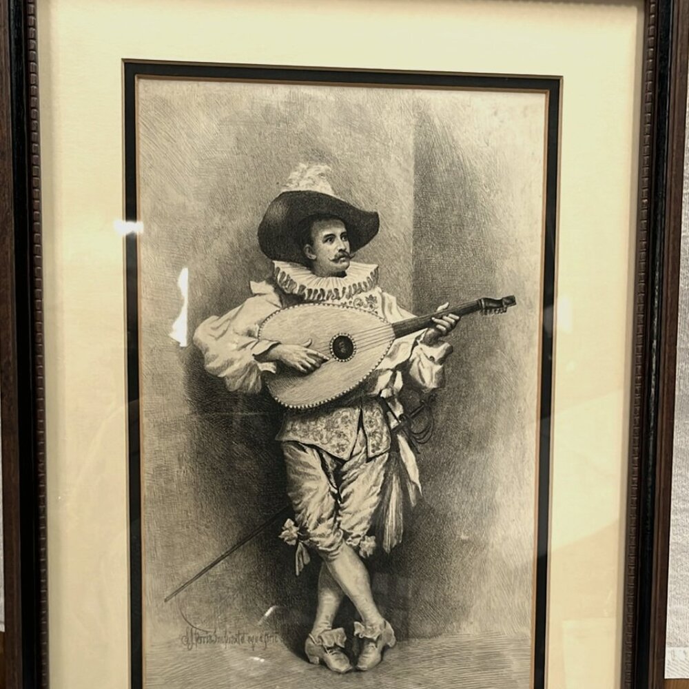 Stephen James Ferris Troubadour Aquatint Print Framed MCM‎ Vintage Antique Art